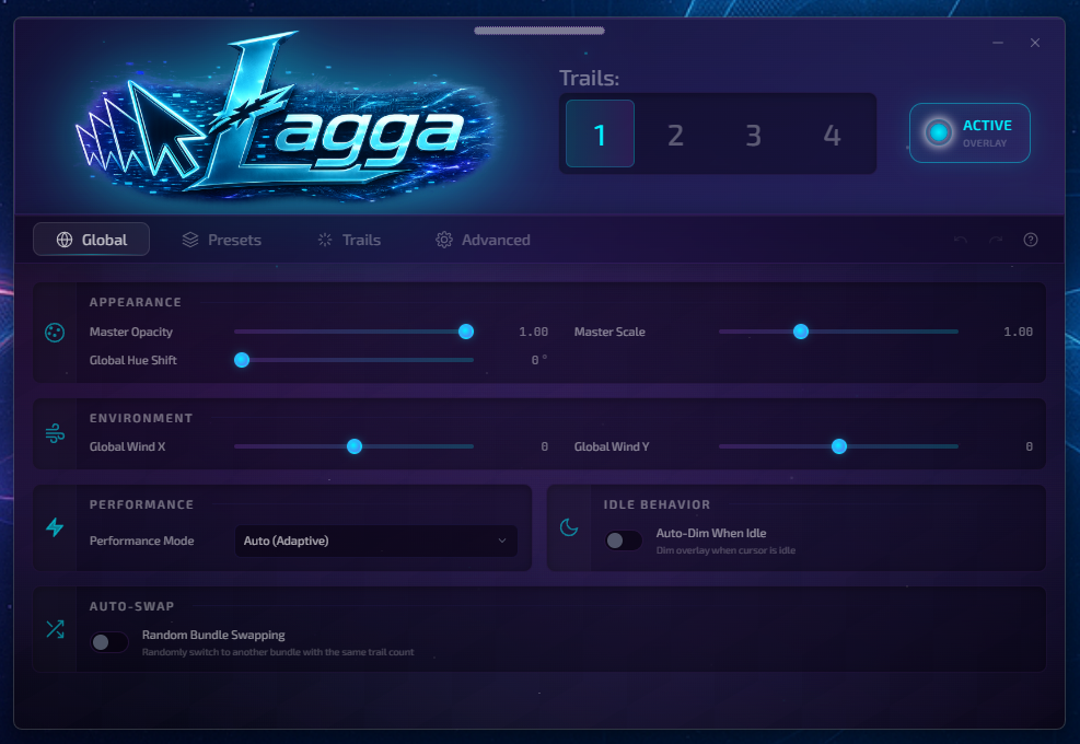 Lagga configuration window on the Global tab, with master opacity, scale, wind, performance mode set to Auto, and the overlay toggle.